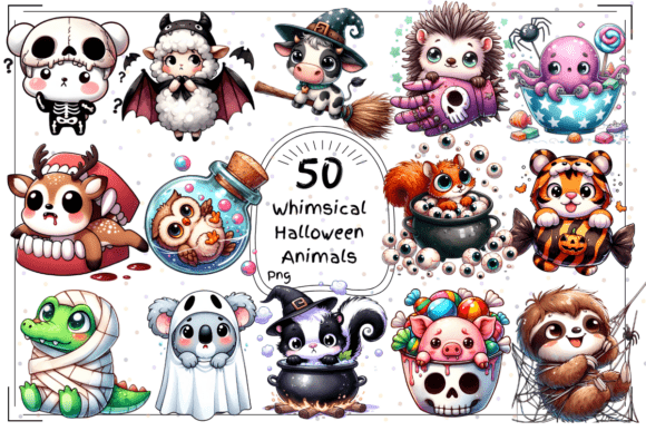 50Watercolor Whimsical Halloween Animals: A Designer's Spooky-Sweet Toolkit