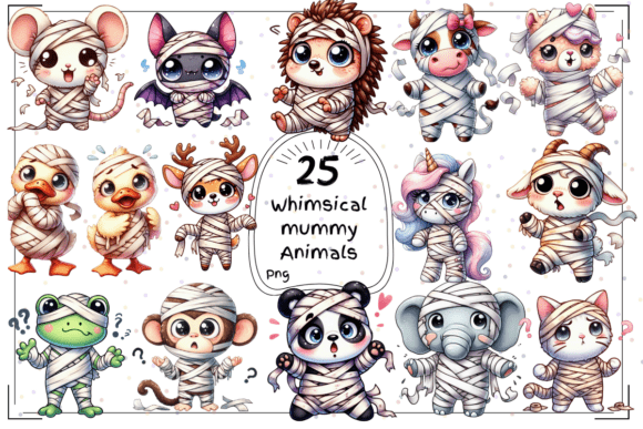 Cute Halloween Clipart: Whimsical Mummy Animals